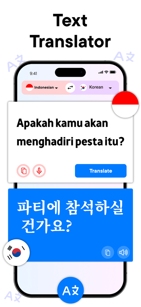 Interface of the Translate Now app showing a text translation from Indonesian to Korean.