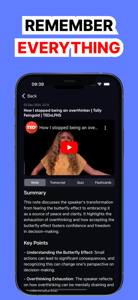 Feynman AI app interface displaying an automated summary and key points from a YouTube video on a mobile screen