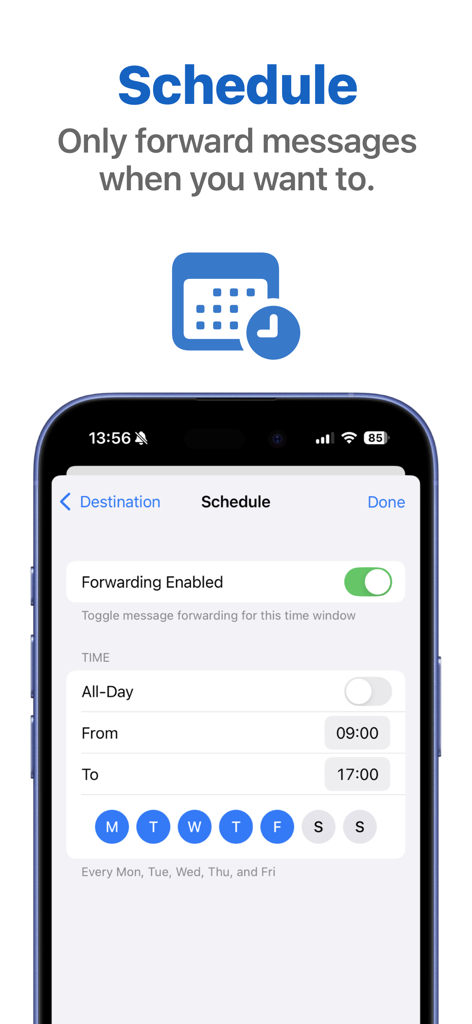 Screenshot of the SMS Forwarder app showing options to schedule message forwarding by specific times and days of the week.