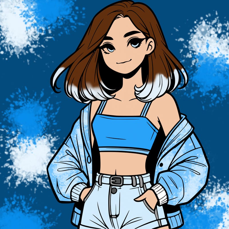 a realistic girl with a crop top and short shorts in an open jacket