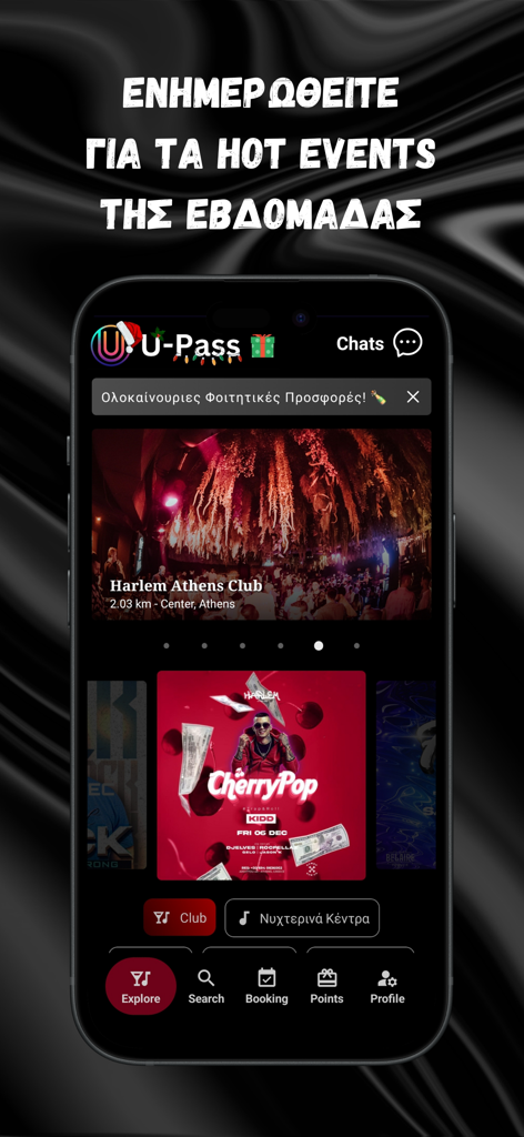 U-Pass - Tela do smartphone exibindo a página de exploração do aplicativo U-Pass com eventos de vida noturna em destaque e reservas de clubes.
