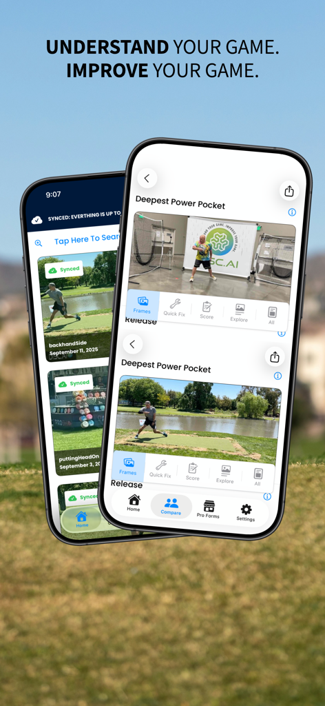 Disc.ai - Disc AI mobile app interface showing disc golf throwing form analysis and video comparison on two iPhones.