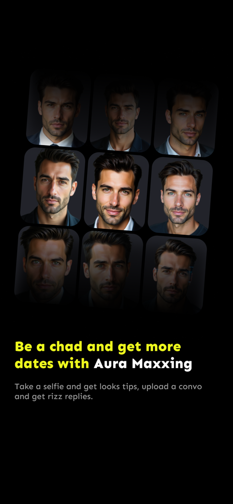 Promotional screen for Aura Maxxing app showing a grid of male portraits and text about getting more dates