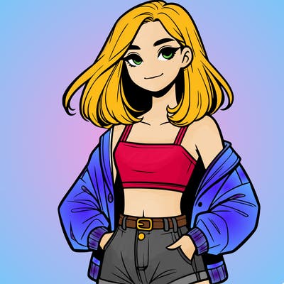 a realistic girl with a crop top and short shorts in an open jacket