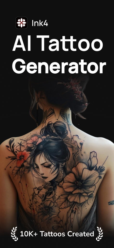 AI Tattoo Generator: Ink4 - Ink4アプリの画面に、高解像度でAI生成された背中タトゥーのデザインが表示されている