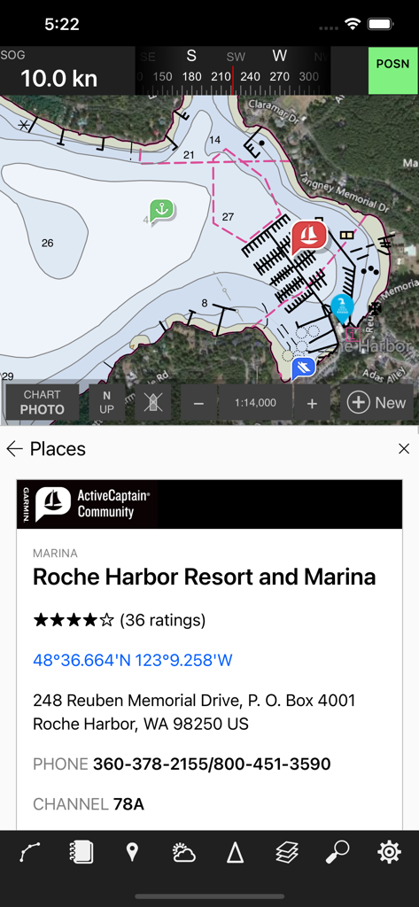 Coastal Explorer - Coastal Explorer app showing a nautical chart and detailed marina information for Roche Harbor