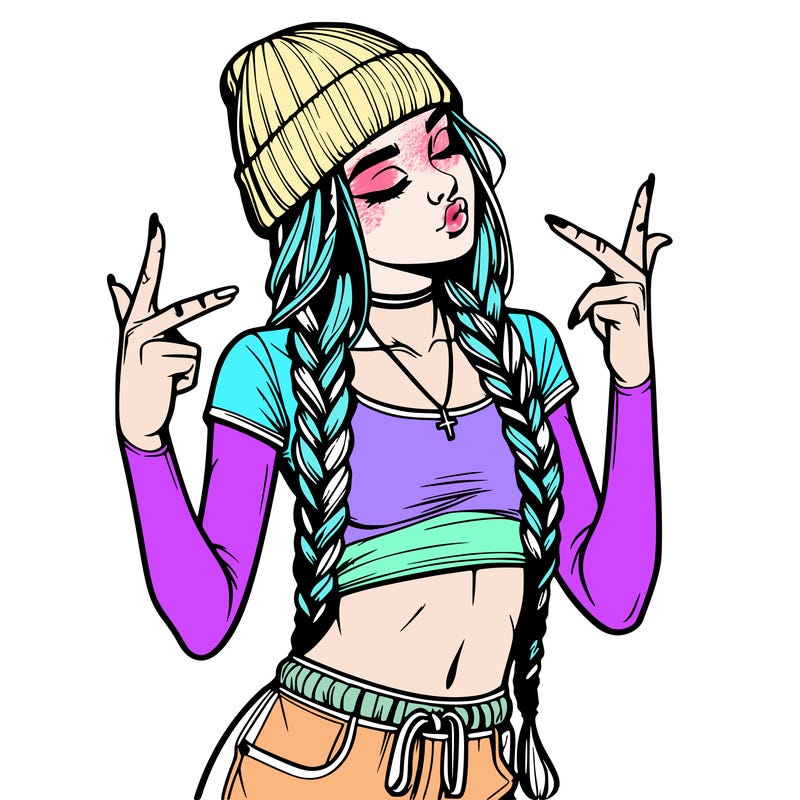 realistic teenage girl with braids and a beanie and crop top doing 🫶🏼