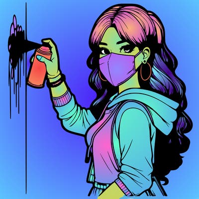 realistic girl with mask spray painting a wall