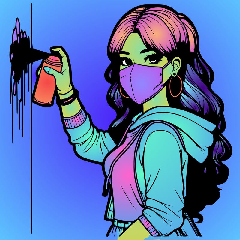 realistic girl with mask spray painting a wall