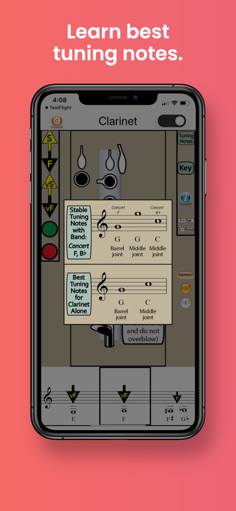 Clarinet Fingering & Tuning - Uma tela de aplicativo móvel exibindo notas de afinação recomendadas para performance solo e em conjunto de clarinete.