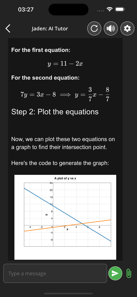 TestDriller UTME - TestDriller UTME AI 튜터 Jaden이 그래프와 함께 수학 방정식을 풀고 두 직선의 교점을 보여주는 인터페이스