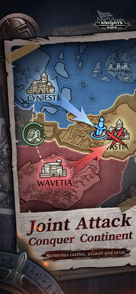 Knights of Ages - A strategic map view from Knights of Ages showing a joint attack on an enemy castle.