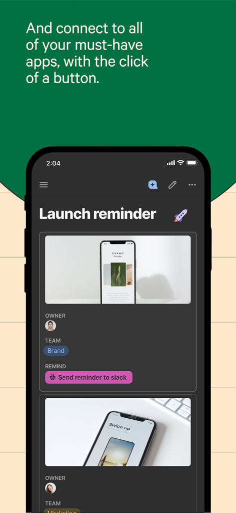 Coda - Coda mobile app interface showing a button to send a reminder to Slack within a collaborative document