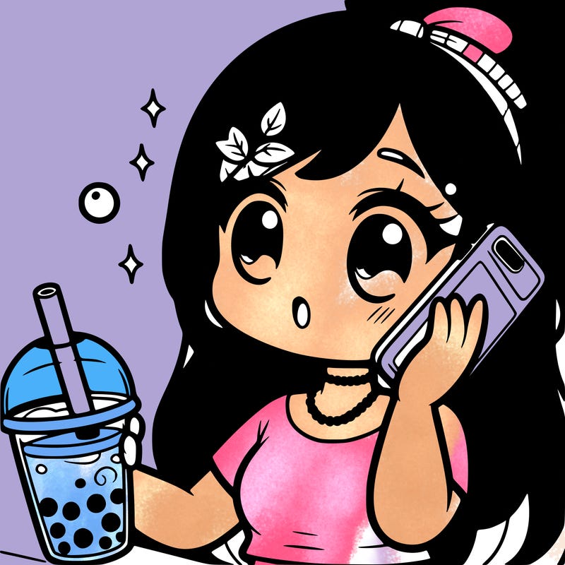 it’s a girl who’s on a phone call with drinking boba