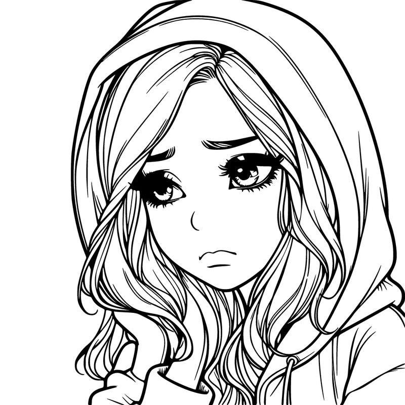 sad beautiful realistic girl in a hoodie