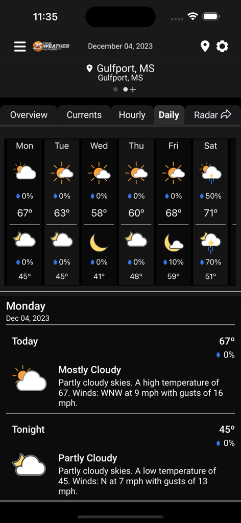 Daily weather forecast for Gulfport Mississippi on the WXXV Weather mobile app showing weekly outlook and detailed conditions.