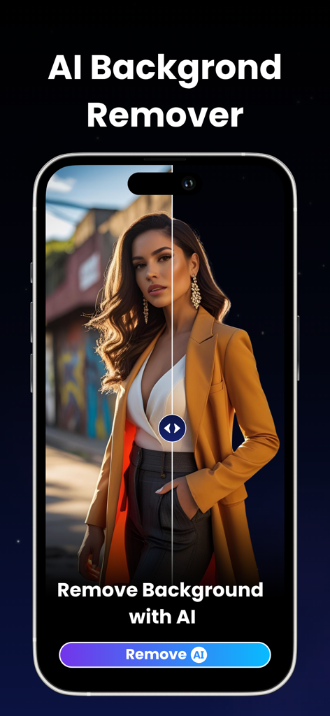 A mobile interface for Playground AI showing the AI background remover tool with a split-screen view of a woman in a yellow blazer.