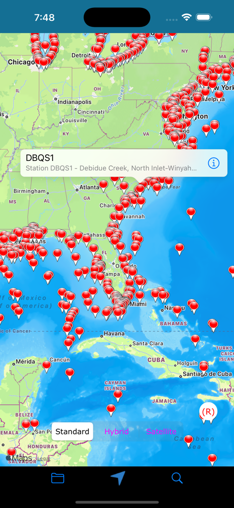 KML & KMZ Files Viewer - A mobile app screenshot showing a map of the United States and Caribbean covered in multiple red location pins from a KML file.