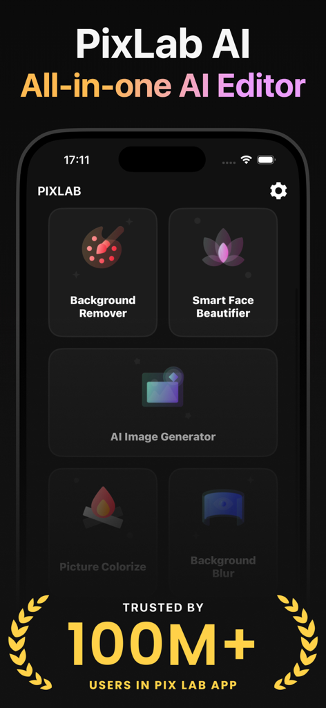 PixLab AI image editor app home screen showcasing background remover and AI generator features