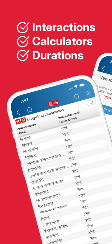 Sanford Guide Antimicrobial - Sanford Guide app displaying a drug-drug interaction list with clinical tools for calculators and treatment durations