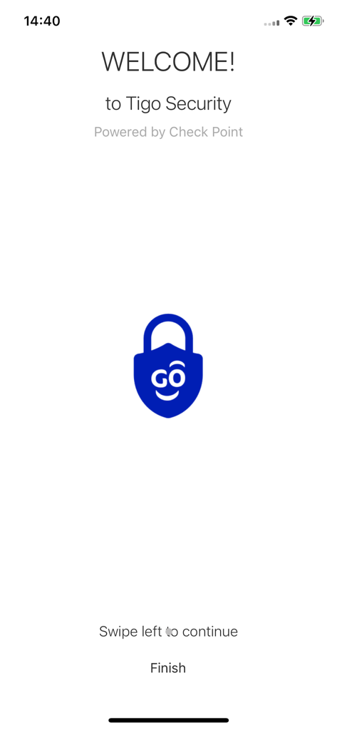 La schermata di benvenuto dell'app Tigo Security con il logo dello scudo blu e il testo Benvenuto in Tigo Security, potenziato da Check Point.