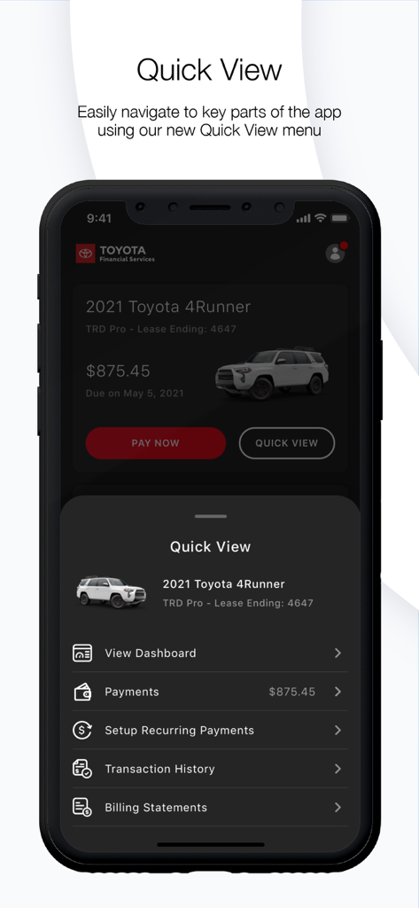 Toyota Financial Services App Schnellansicht-Menü mit Kontozusammenfassung und Zahlungsoptionen