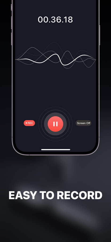 Active audio recording screen in Dictaphone app featuring a timer and sound waveform.