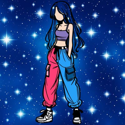 girl in baggy pants crop top and long hair