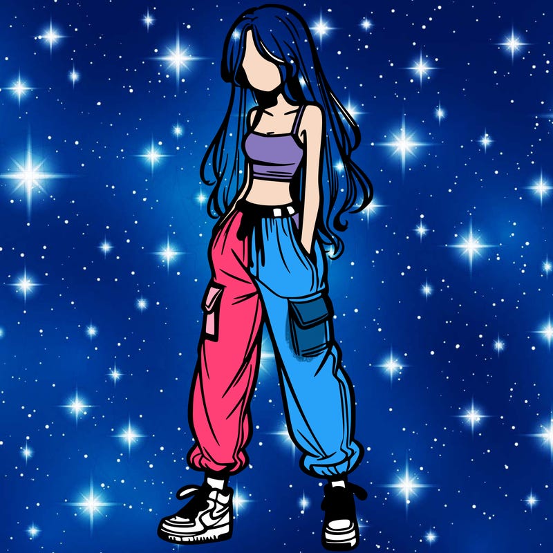 girl in baggy pants crop top and long hair