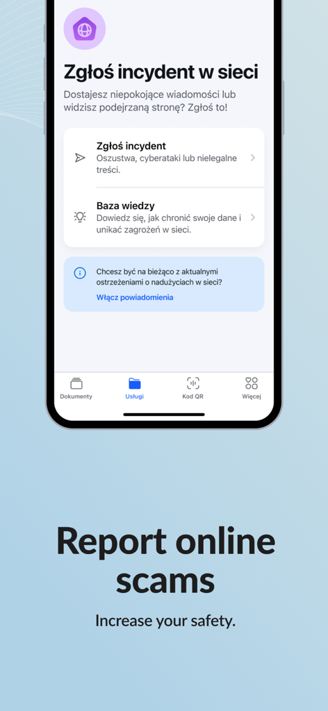 mObywatel - Interface of the mObywatel app showing the option to report online scams and cyber threats for increased safety