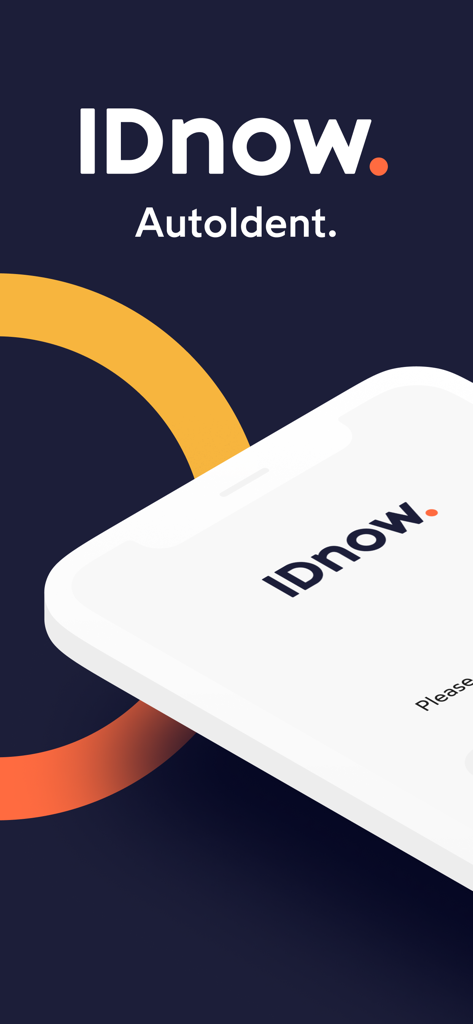 IDnow AutoIdent app home screen featuring the company logo and a smartphone mockup on a navy background.