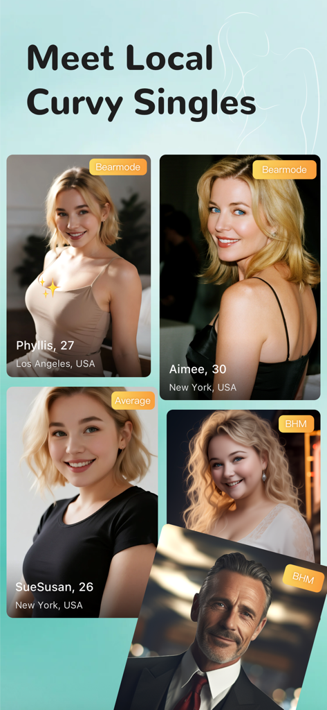 User profiles of curvy women and handsome men on the VPlus dating app