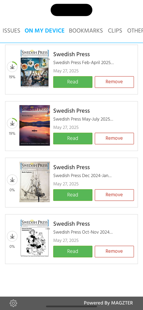 Swedish Press - The On My Device section of the Swedish Press app displaying a list of downloaded magazine issues with buttons to read or remove them.