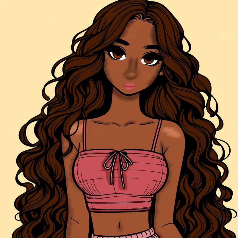 realistic girl with long curly hair and a crop top