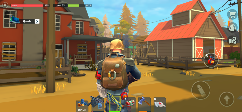 TEGRA: Zombie survival island - Vista en tercera persona de un personaje superviviente con una mochila explorando una granja en TEGRA Zombie Survival Island.