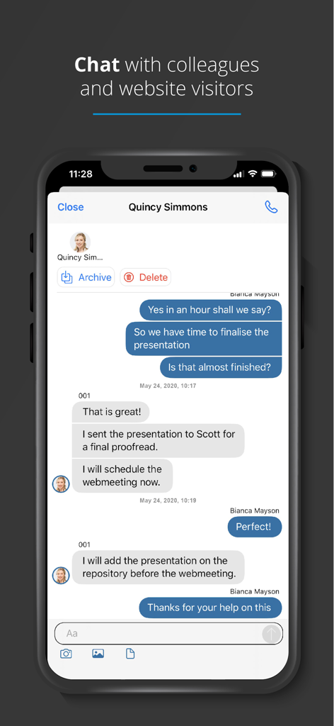 3CX - Interface of the 3CX mobile app showing a chat conversation between colleagues about project updates.