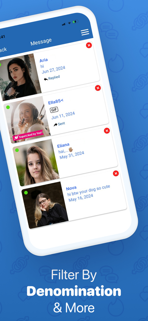 The messaging interface of the CDFF Christian dating app displaying a list of conversations