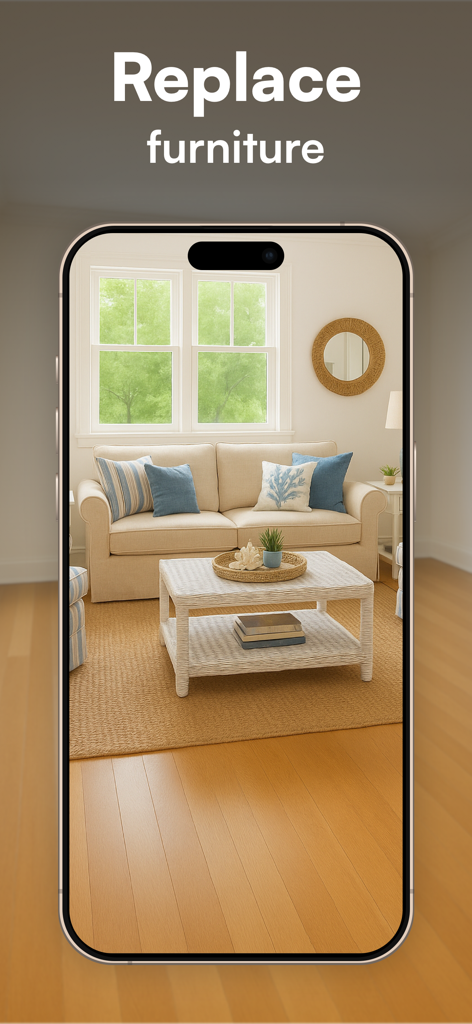 Roomly AI - Interior Design - Smartphone screen showing the Roomly AI app replacing furniture in a coastal themed living room