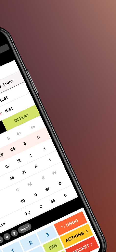 NV Play Cricket Scorer - A mobile phone displaying the NV Play Cricket Scorer app interface with live match statistics and scoring buttons