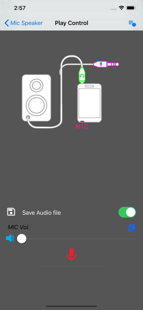 Screen showing microphone and speaker connection diagram with volume controls in the Mic Speaker app
