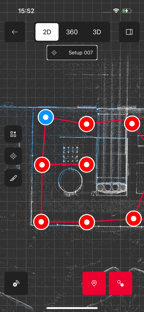 Leica Cyclone FIELD 360 app interface showing 2D point cloud registration with connected scan setup markers.