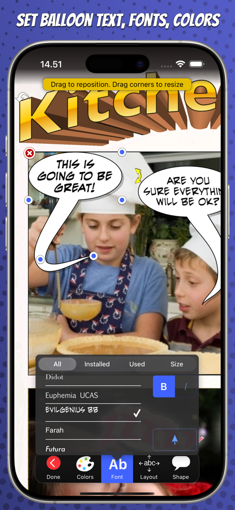 A mobile interface for Strip Designer showing comic book font and speech bubble editing over a photo of children in a kitchen.