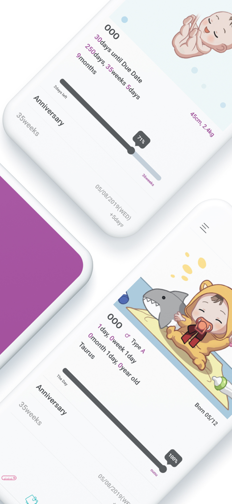 Mobile app screens showing pregnancy progress countdown and newborn age tracking in weeks and days