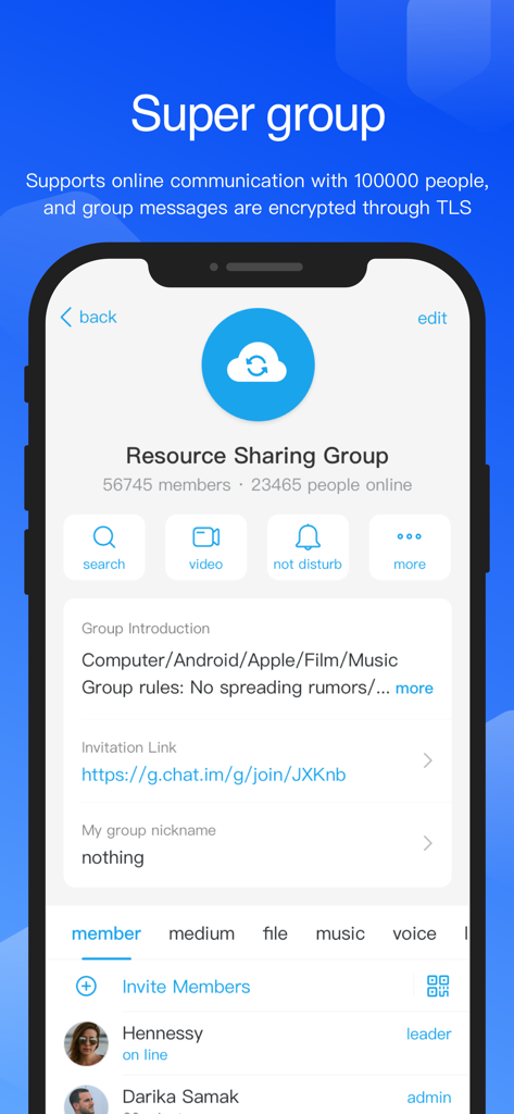 Ant Messenger - The interface of Ant Messenger showing a super group with over fifty thousand members and encrypted communication settings.