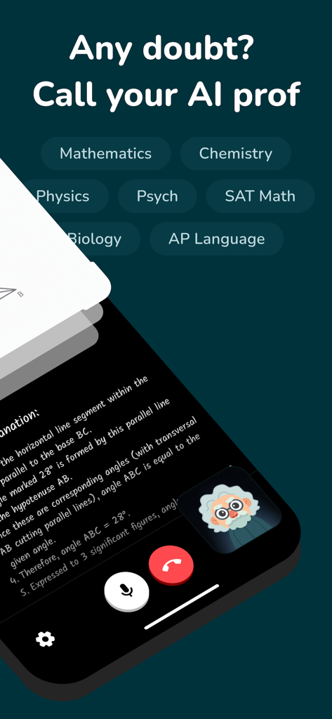 Interface de l'application mobile Professor Curious montrant un appel vidéo avec un tuteur IA pour des solutions de devoirs étape par étape