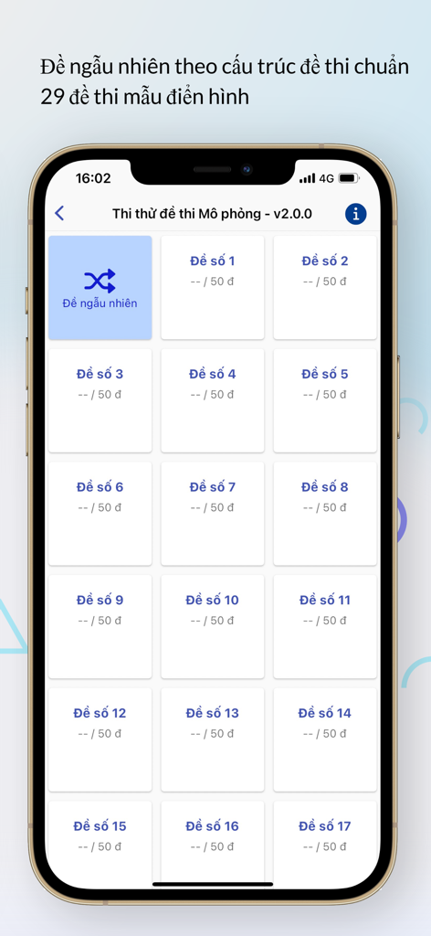 Mô Phỏng Giao Thông V2.0.0 - Interfaccia che mostra un elenco di set di esami di prova per la patente di guida nell'app Mo Phong Giao Thong