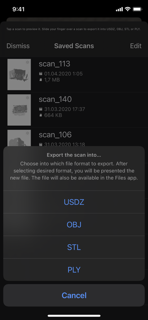 Interface showing 3D scan export options in the LiDAR Scanner 3D app
