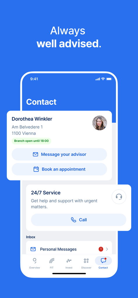 Kontaktbildschirm der George Banking-App mit Optionen zur Nachricht an einen persönlichen Berater oder zum Anrufen des 24/7-Supports