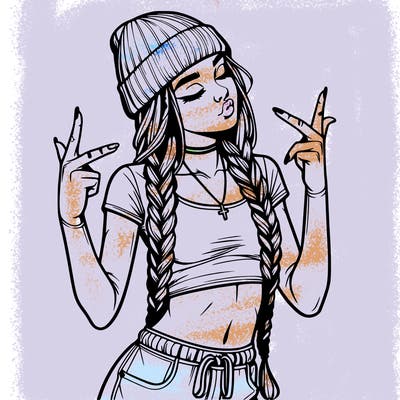 realistic teenage girl with braids and a beanie and crop top doing 🫶🏼