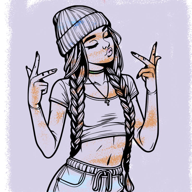 realistic teenage girl with braids and a beanie and crop top doing 🫶🏼